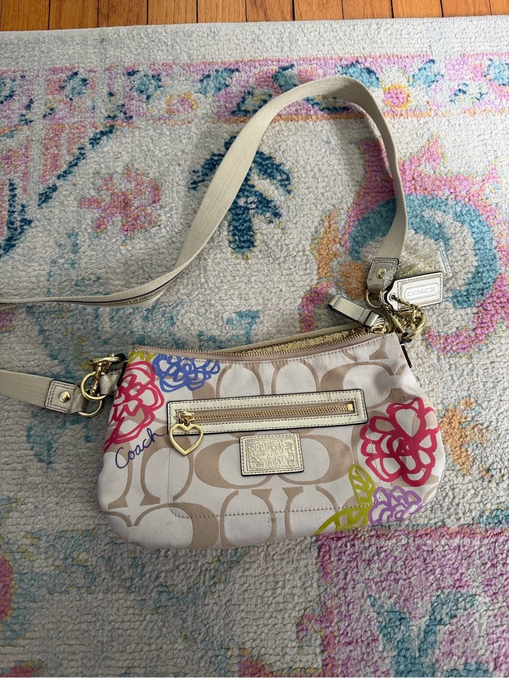 Coach Beige Signature Crossbody with Multicolor Floral Accents